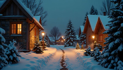 Walking Snowy Path Through Village with Houses at Night