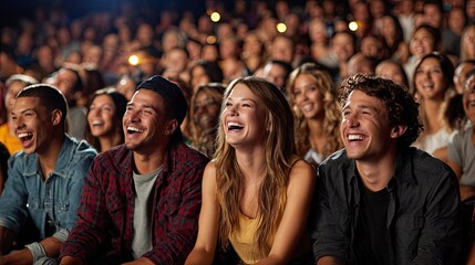 Group of young adults laughing together while watching a comedy show in a crowded theater or cinema