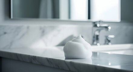 Creamy Foam Sits on Marble Countertop in Bathroom, Reflecting Light, for Cleansing