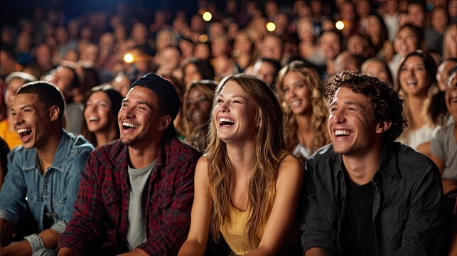 Group of young adults laughing together while watching a comedy show in a crowded theater or cinema - Powered by Adobe