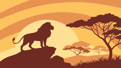 Lion Silhouette Overlooking African Savanna at Sunset