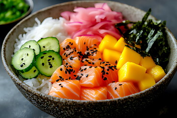 Sushi bowl with rice cucumber and mango slices