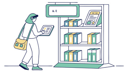 Woman Shopping with Tablet at Store Shelf, Flat Vector Illustration