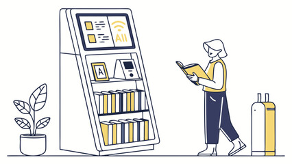 Automated Library: Woman Reading at a Digital Book Lending Station