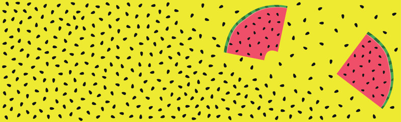 Pieces of watermelon with a scattering of seeds on a bright yellow background - Vector illustration