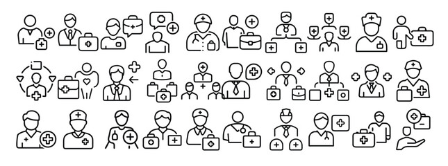 Medical Professionals, Doctors, Healthcare Staff, and Medical Services - Thin Line Web Icon Set. Outline Icons Collection. Simple Vector Illustration.