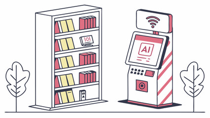 AI-Powered Library: Bookcase and Tech Kiosk Illustration