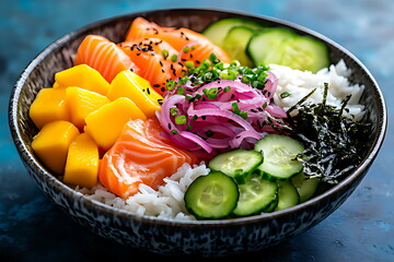 Sushi bowl with rice cucumber and mango slices