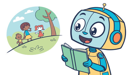 Robot Reading a Storybook with Children Illustration