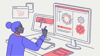 Digital Workflow: Woman Using Multiple Screens for Online Business Management