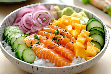 Sushi bowl with rice cucumber and mango slices