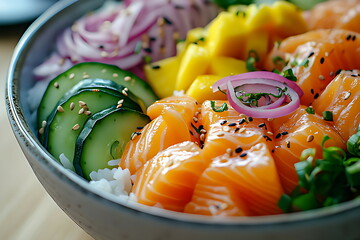 Sushi bowl with rice cucumber and mango slices