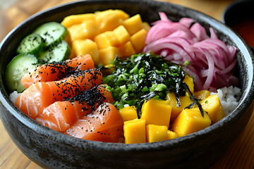 Sushi bowl with rice cucumber and mango slices
