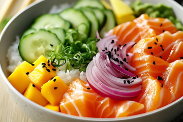 Sushi bowl with rice cucumber and mango slices