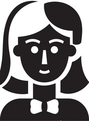 A black and white vector icon of a woman with shoulder-length hair and a bow tie, representing a professional or formal female avatar.