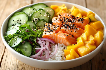 Sushi bowl with rice cucumber and mango slices