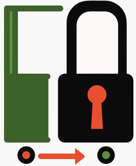 A padlock and a cart-like object with wheels are connected by an orange arrow, symbolizing secure delivery, logistics, or protected transportation.