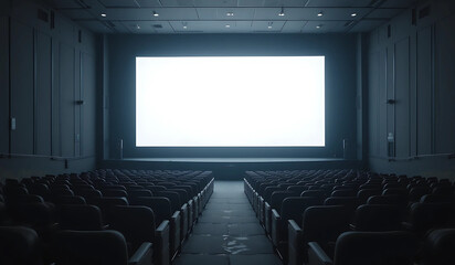 Obraz premium A wide shot of an empty movie theater with a bright, blank screen. The dark, quiet atmosphere creates a sense of anticipation and potential.