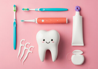 Oral Care Isolated Image, Tooth Care, Oral Care, Dentist 3d Tooth image, Happy Tooth, toothbrush, floss, Dental Oral Care Image Concept.