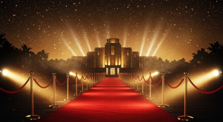 Luxurious red carpet event with glowing lights and grand building under starry sky