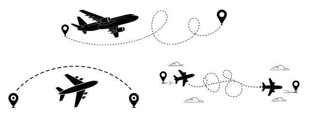 Black airplanes with dotted flight paths and location markers travel destination