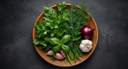 Fresh herbs and vegetables on plate overhead still life