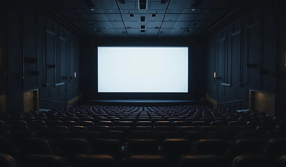 A wide shot of an empty movie theater with a bright, blank screen. The dark, quiet atmosphere creates a sense of anticipation and potential. Perfect for film, cinema, or entertainment-related projects
