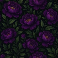 Vibrant purple peonies and lush green leaves on elegant dark background