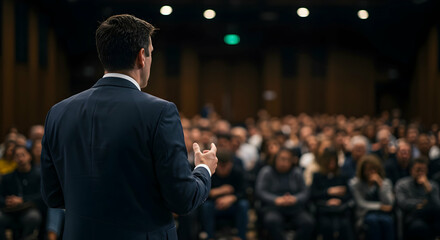 Motivational Speaker Inspiring Large Audience at Conference Business Success Presentation