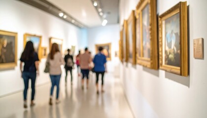 Blurred view of people strolling in an art gallery admiring paintings in ornate gold frames on a white wall under track