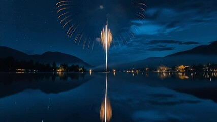 Night scene of fireworks over calm lake reflecting lights & stars - Powered by Adobe
