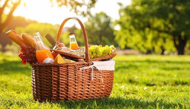 Wicker picnic basket filled with baguette grapes juice bottles and snacks placed on green grass with blurred trees in