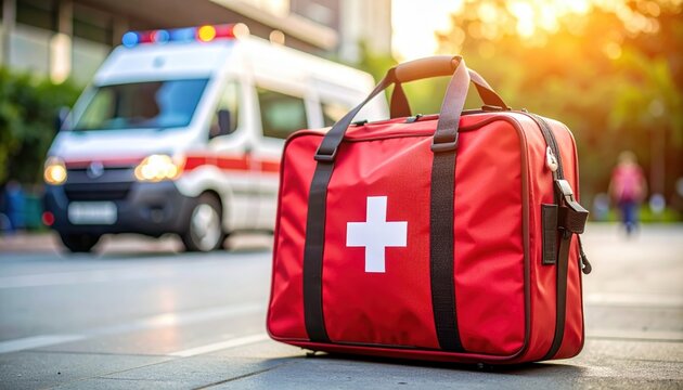 Red first aid bag with white cross emblem sits on the ground ambulance parked in background with flashing lights in