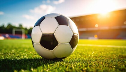 Soccer ball is lying on the green grass of a soccer field with the sunlight and stadium in the background on a sunny day