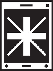 
A black and white vector image featuring a medical cross with additional diagonal lines, centered within a stylized frame resembling a smartphone or tablet.