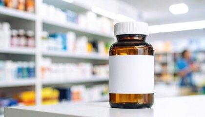 Amber glass pill bottle with a blank white label sits on a counter Pharmacy shelves are visible in the blurred