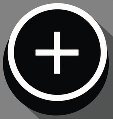 A black circular vector icon with a white plus sign inside, featuring a subtle white outline and a long shadow on a gray background.