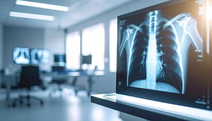 A chest X ray image is displayed on a monitor in a medical office showing skeletal structures and lung details with a