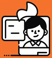 A cartoon person, possibly a student or speaker, looking out from a book or frame with a speech bubble containing text, symbolizing learning, communication, or online education.