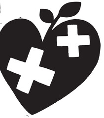 A black heart icon featuring two white medical crosses and a leafy sprout emerging from the top, symbolizing health, growth, and care.