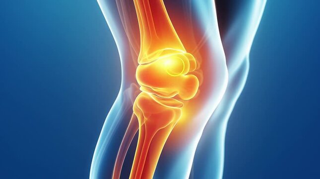 Knee joint pain highlighted in orange showing inflammation and discomfort, horizontal video