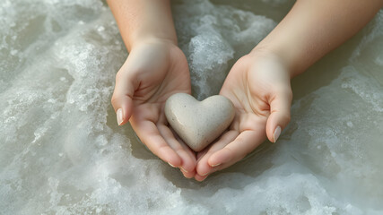Girl's hands hold a heart-shaped stone in the incoming sea wave. Close-up view. Selective focus. Copy space.