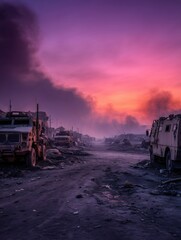 Fototapeta premium Sunset Battlefield With Wrecked Military Vehicles