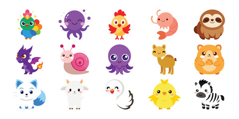 Vector art of a collection of cute cartoon animals, isolated on white background