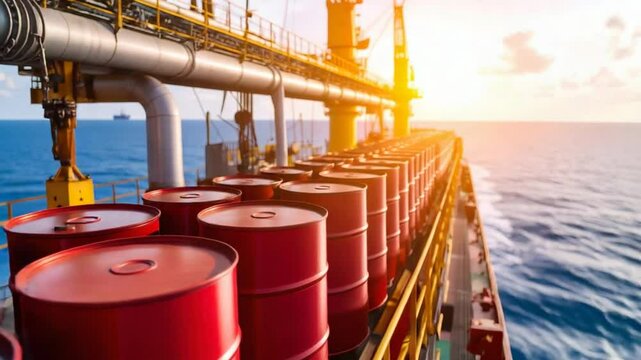 Red oil barrels on cargo ship