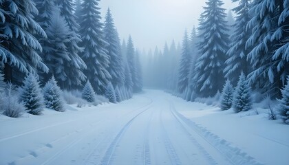 Obraz premium A snowy road winds through a serene winter forest landscape in the fog
