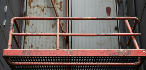 Rusty red metal platform railing detail against weathered wall background, industrial setting, showing wear and texture.