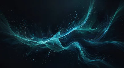 Fotobehang Abstract blue fractal light waves create an elegant, fluid design on a dark backdrop showcasing a modern, digital aesthetic. © Amjad