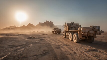 Fototapeta premium Destroyed Military Vehicles on Desert Sand