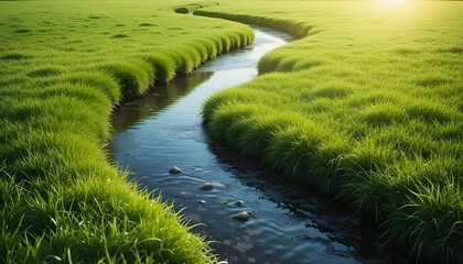 A small stream meanders through a vibrant green field in the countryside